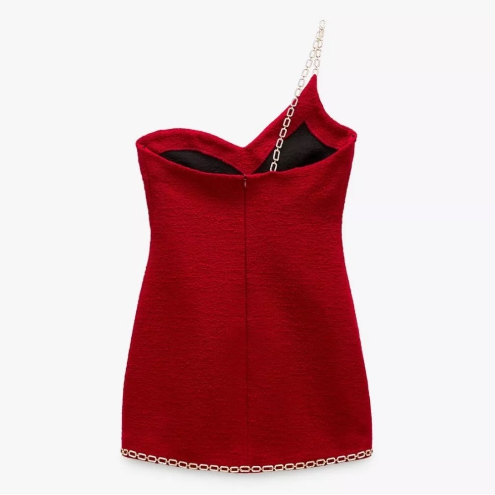 Zara Textured Tweed Boucle Asymmetric Chain Trim Mini Dress Red Gold Chain Sz L - Picture 12 of 17